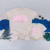 Personalized Auntie and Baby Matching Shirts with Pink Gingham Text, Soft Cotton Outfit for New Aunt Gift or Milestone Photos
