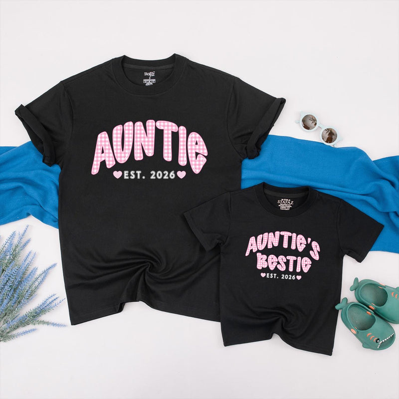 Personalized Auntie and Baby Matching Shirts with Pink Gingham Text, Soft Cotton Outfit for New Aunt Gift or Milestone Photos