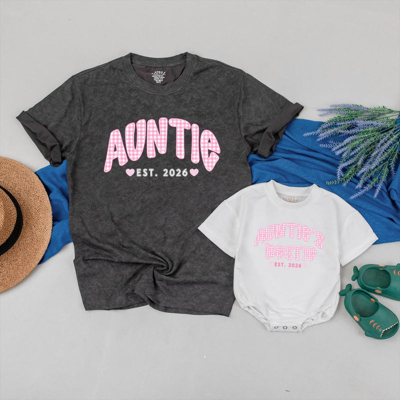 Personalized Auntie and Baby Matching Shirts with Pink Gingham Text, Soft Cotton Outfit for New Aunt Gift or Milestone Photos
