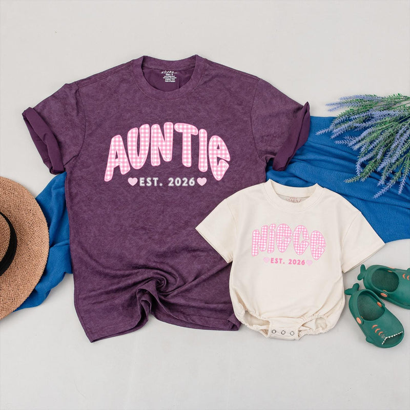 Personalized Auntie and Baby Matching Shirts with Pink Gingham Text, Soft Cotton Outfit for New Aunt Gift or Milestone Photos