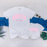 Personalized Auntie and Baby Matching Shirts with Pink Gingham Text, Soft Cotton Outfit for New Aunt Gift or Milestone Photos