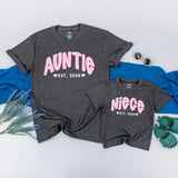Personalized Auntie and Baby Matching Shirts with Pink Gingham Text, Soft Cotton Outfit for New Aunt Gift or Milestone Photos