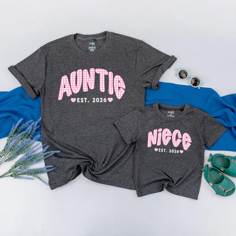 Personalized Auntie and Baby Matching Shirts with Pink Gingham Text, Soft Cotton Outfit for New Aunt Gift or Milestone Photos