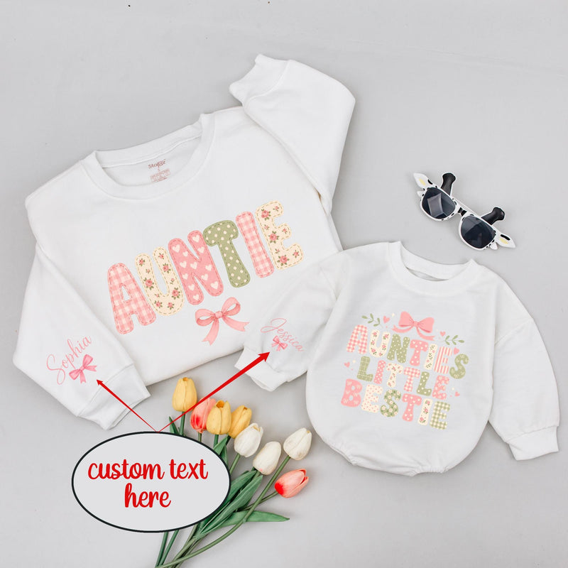 Personalized Auntie and Baby Romper Matching Outfit, Cute Cottagecore Typography Design, Custom Name Gift for Baby Girl or Toddler