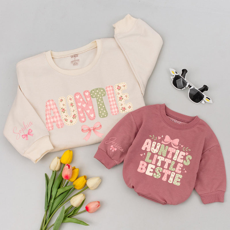 Personalized Auntie and Baby Romper Matching Outfit, Cute Cottagecore Typography Design, Custom Name Gift for Baby Girl or Toddler
