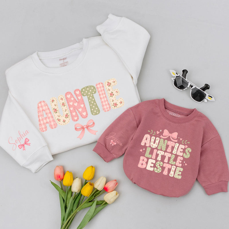 Personalized Auntie and Baby Romper Matching Outfit, Cute Cottagecore Typography Design, Custom Name Gift for Baby Girl or Toddler