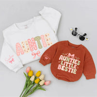 Personalized Auntie and Baby Romper Matching Outfit, Cute Cottagecore Typography Design, Custom Name Gift for Baby Girl or Toddler