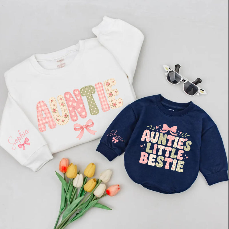 Personalized Auntie and Baby Romper Matching Outfit, Cute Cottagecore Typography Design, Custom Name Gift for Baby Girl or Toddler
