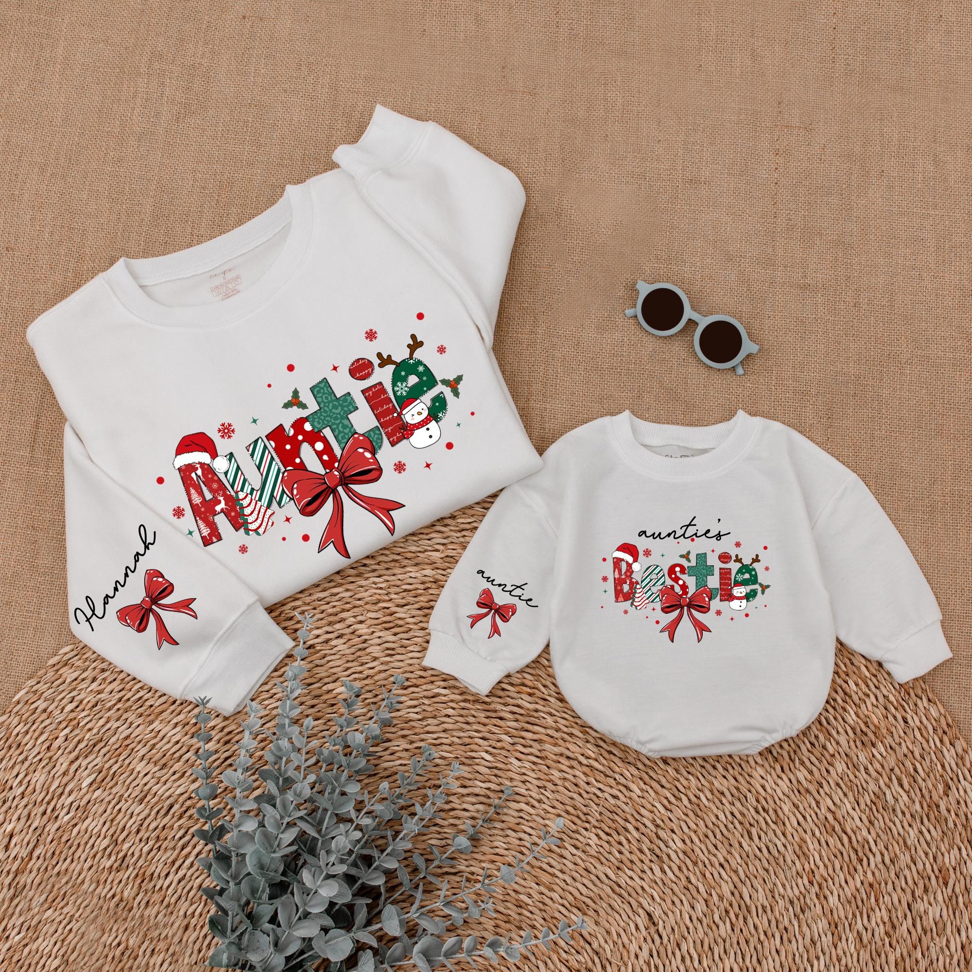 Personalized Auntie and Bestie Christmas Sweatshirt Snowman Plaid Design Matching Holiday Gift for Family Love Celebration