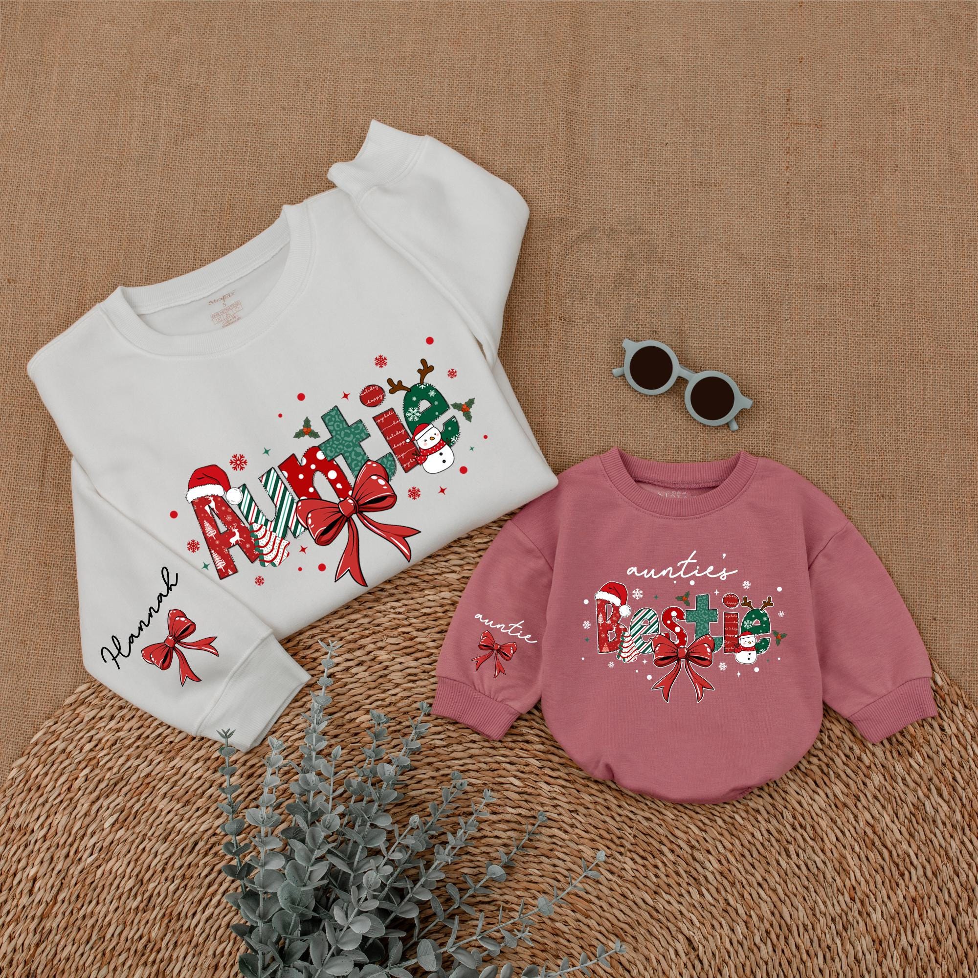 Personalized Auntie and Bestie Christmas Sweatshirt Snowman Plaid Design Matching Holiday Gift for Family Love Celebration
