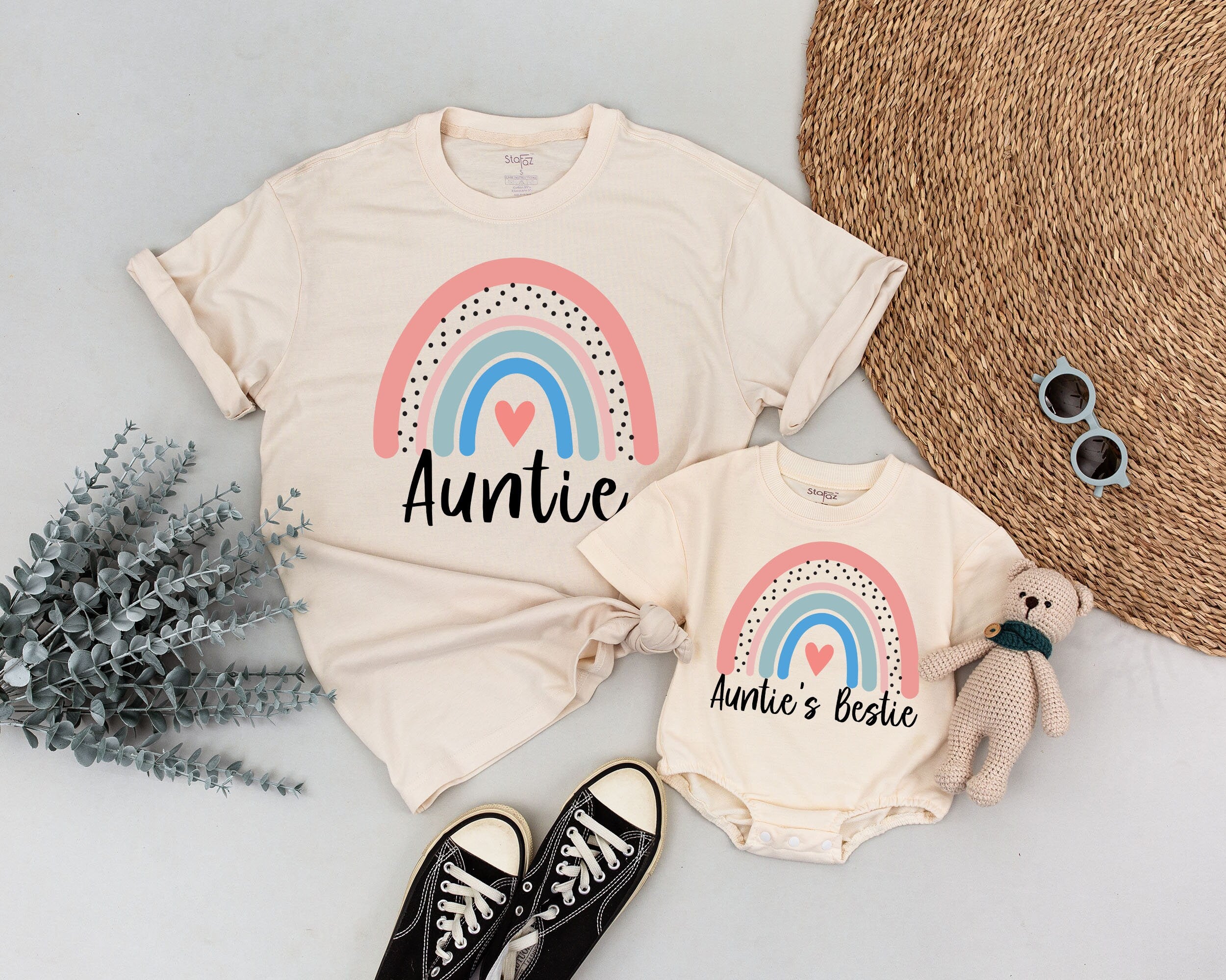 Personalized Auntie and Bestie Matching Shirts with Rainbow Heart Design Custom Family Gift for Toddler Birthday Party Soft Cotton