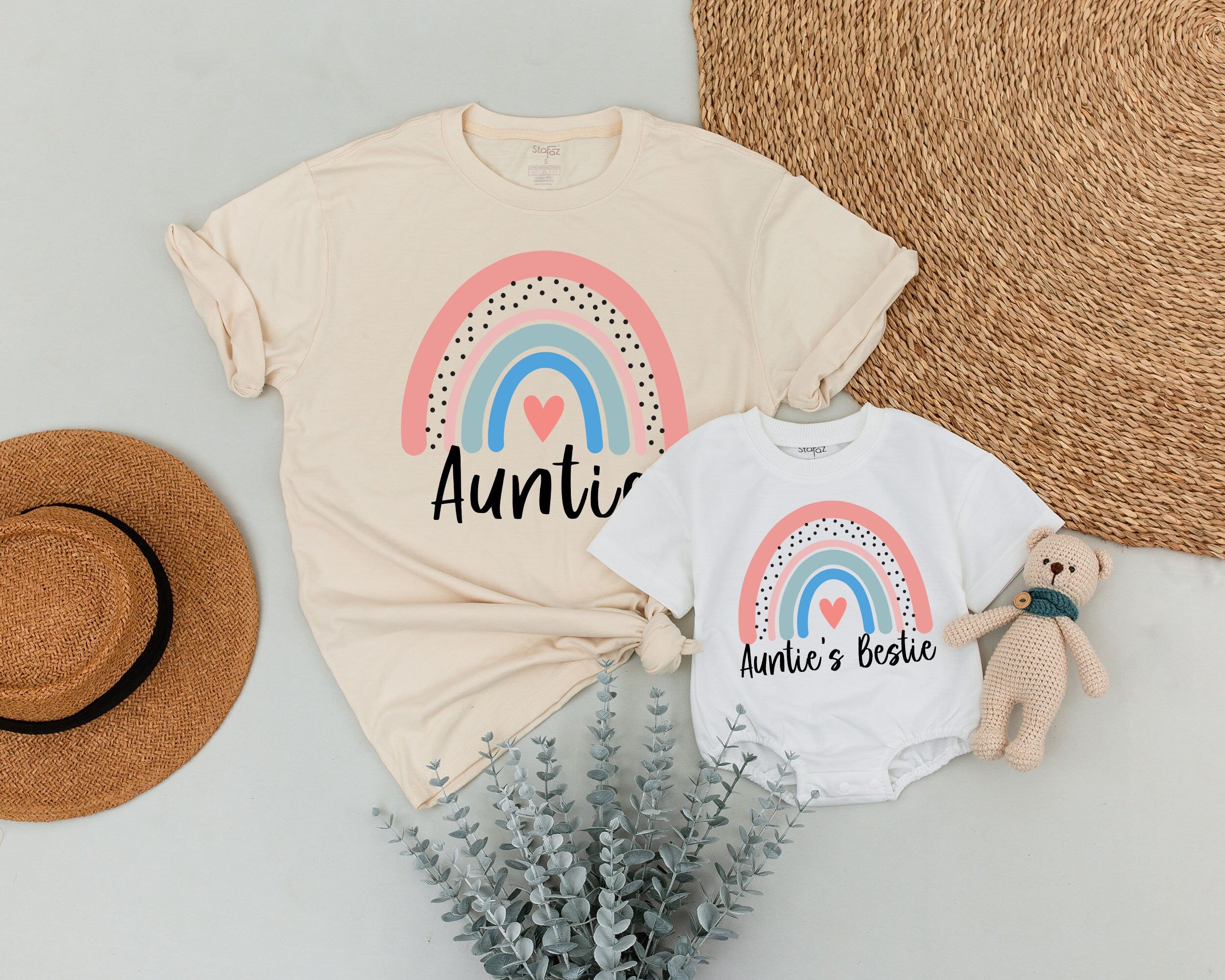 Personalized Auntie and Bestie Matching Shirts with Rainbow Heart Design Custom Family Gift for Toddler Birthday Party Soft Cotton