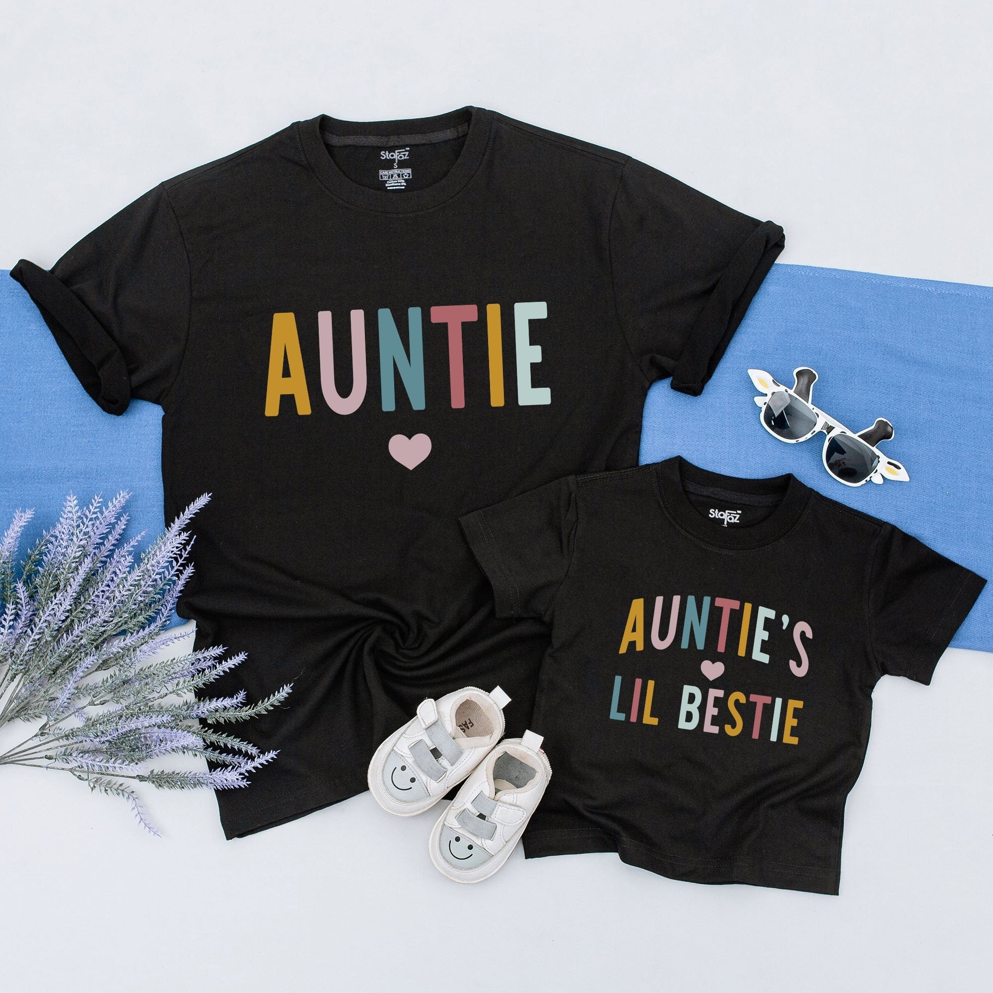 Personalized Auntie and Lil Bestie Matching Shirts Colorful Design Custom Name Family Outfit Birthday Gift Soft Cotton Kids Apparel