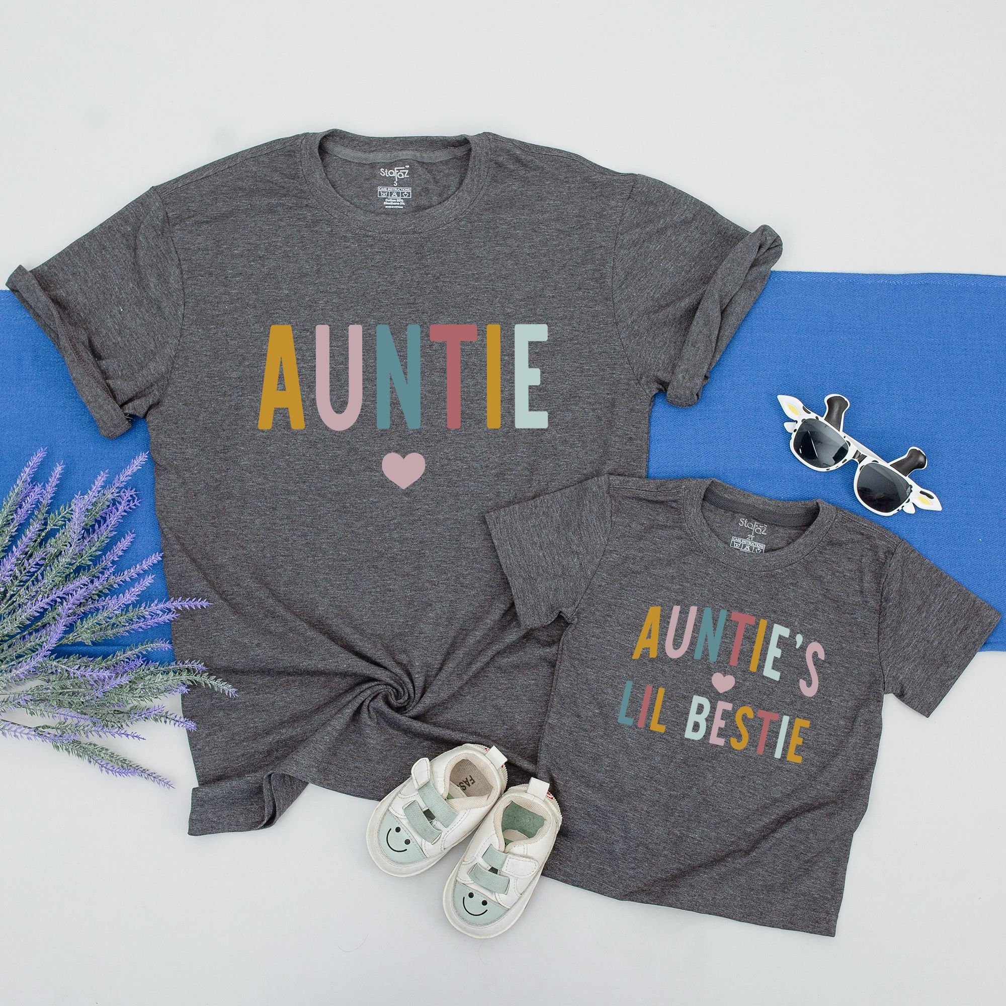 Personalized Auntie and Lil Bestie Matching Shirts Colorful Design Custom Name Family Outfit Birthday Gift Soft Cotton Kids Apparel