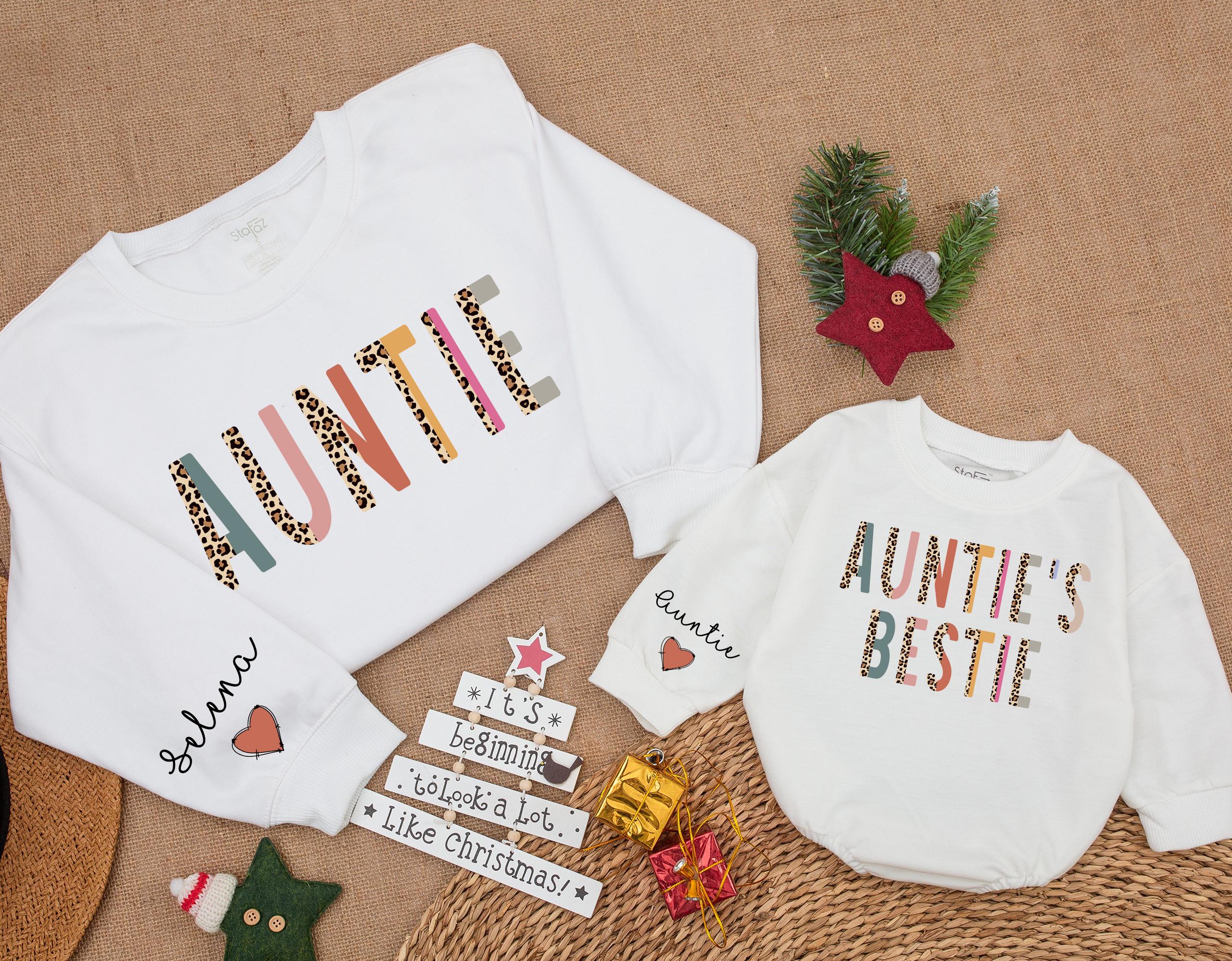 Personalized Auntie Matching Sweatshirts with Name and Heart Design Leopard Print Fun Gift for Aunt and Niece Holiday Comfortable Cotton