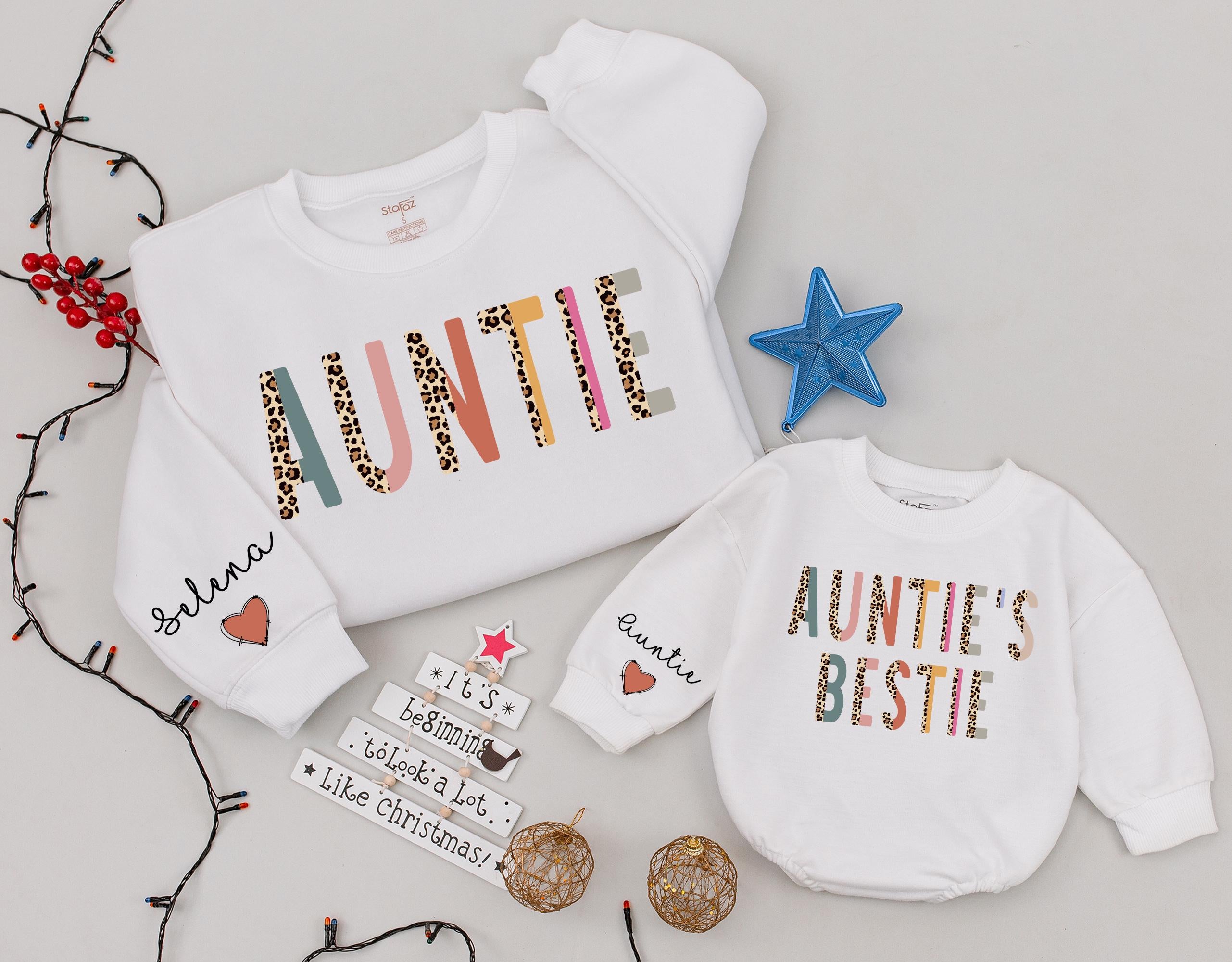 Personalized Auntie Matching Sweatshirts with Name and Heart Design Leopard Print Fun Gift for Aunt and Niece Holiday Comfortable Cotton
