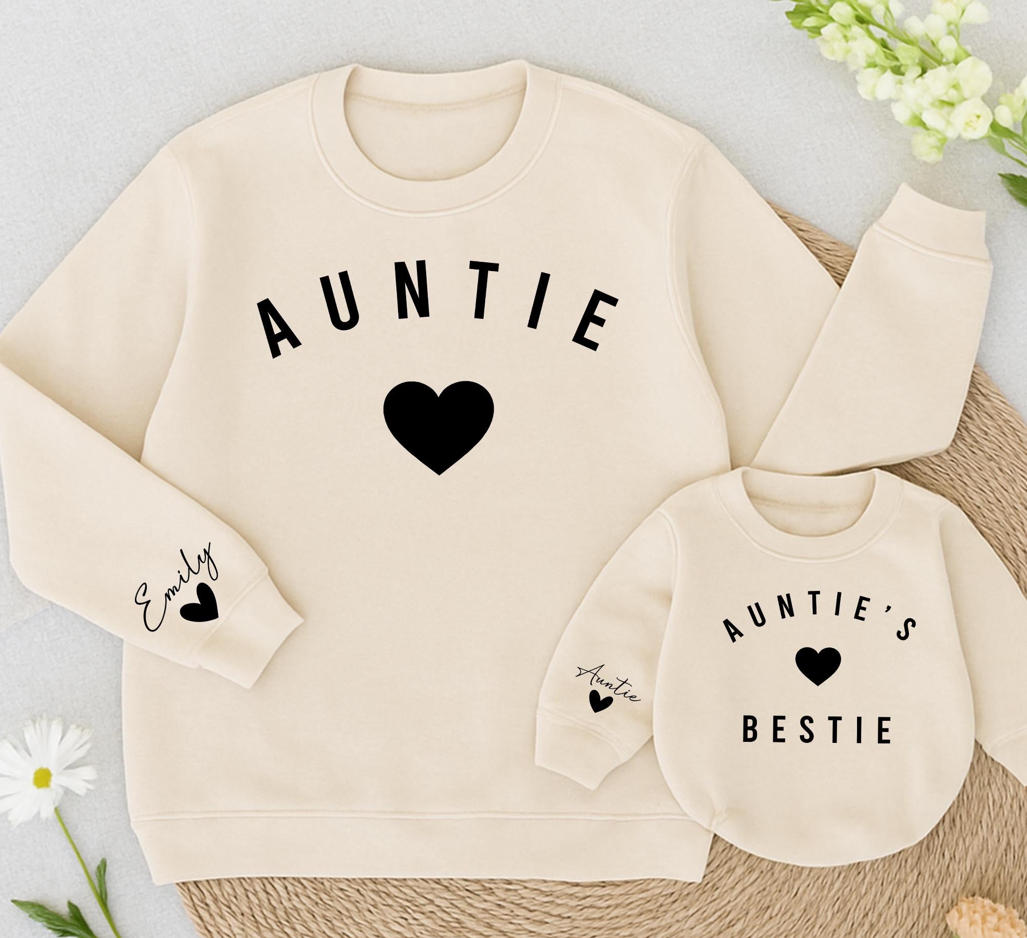 Personalized Auntie and Me Sweatshirts Matching Family Outfits Black Heart Design Custom Names Aunt Niece Nephew Gift Comfortable Cotton