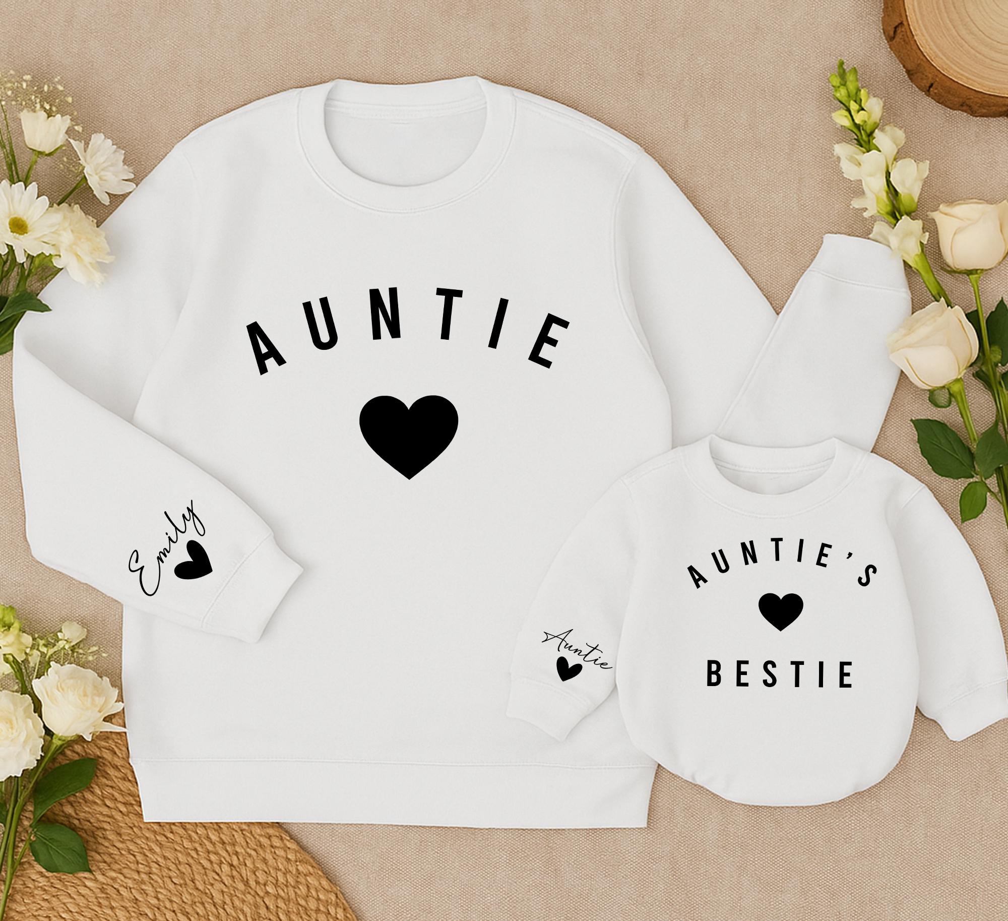Personalized Auntie and Me Sweatshirts Matching Family Outfits Black Heart Design Custom Names Aunt Niece Nephew Gift Comfortable Cotton