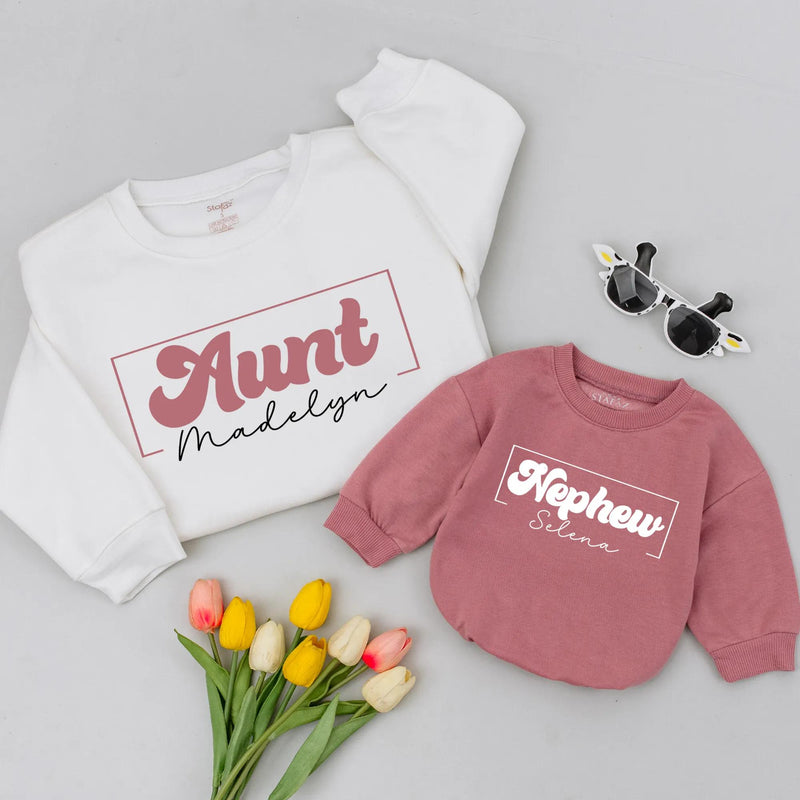 Personalized Auntie and Nephew Sweatshirts with Retro Minimalist Design Custom Names Family Matching Outfits Soft Cotton Gift Idea