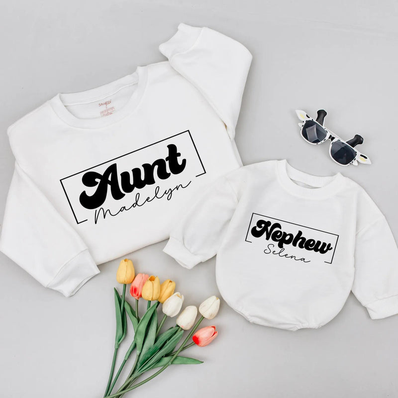 Personalized Auntie and Nephew Sweatshirts with Retro Minimalist Design Custom Names Family Matching Outfits Soft Cotton Gift Idea