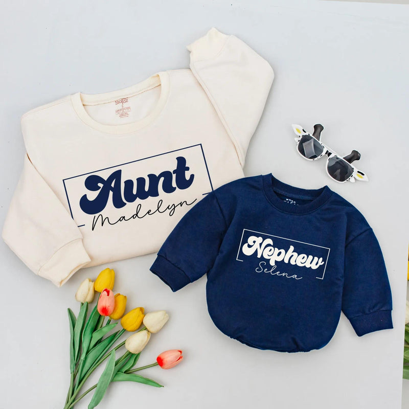 Personalized Auntie and Nephew Sweatshirts with Retro Minimalist Design Custom Names Family Matching Outfits Soft Cotton Gift Idea