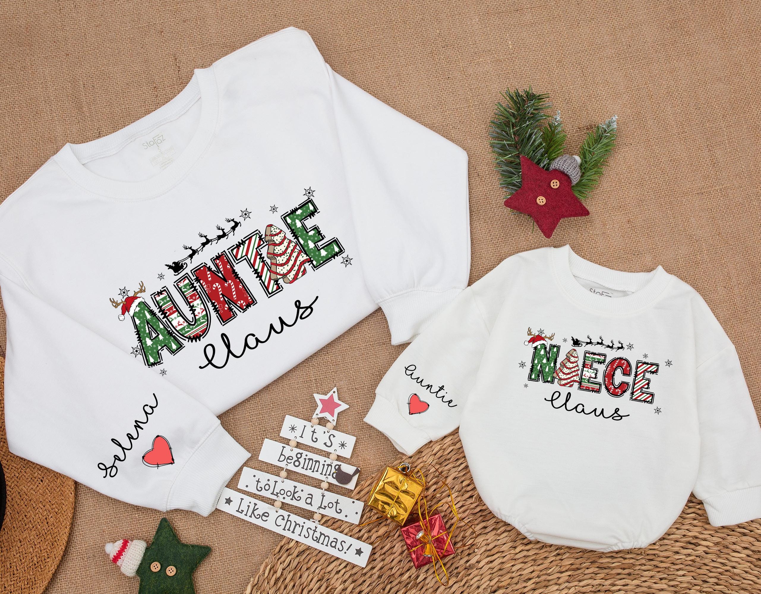 Personalized Auntie and Niece Claus Sweatshirt with Festive Patterns Matching Holiday Outfit Custom Christmas Gift Cozy Cotton Wear