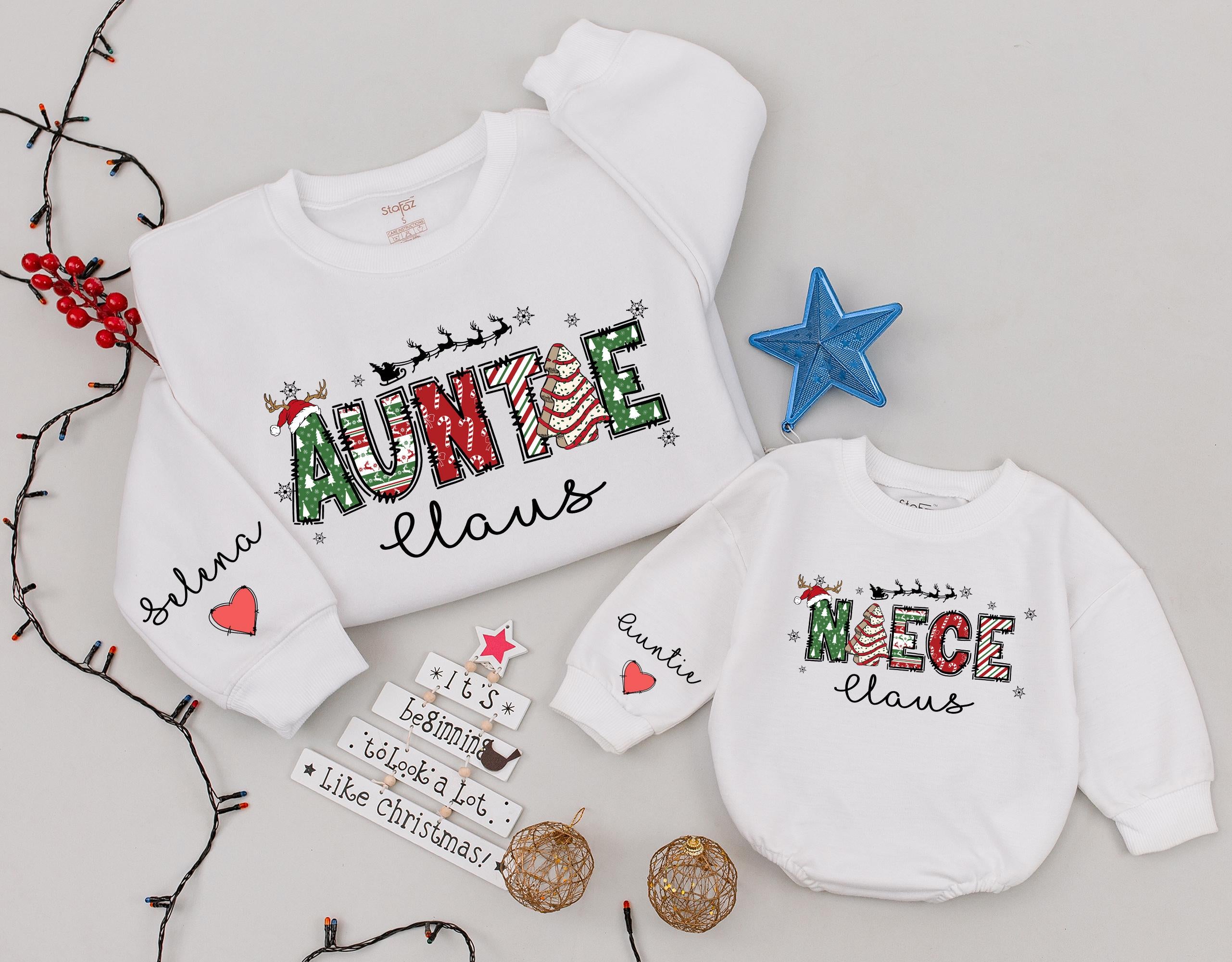 Personalized Auntie and Niece Claus Sweatshirt with Festive Patterns Matching Holiday Outfit Custom Christmas Gift Cozy Cotton Wear