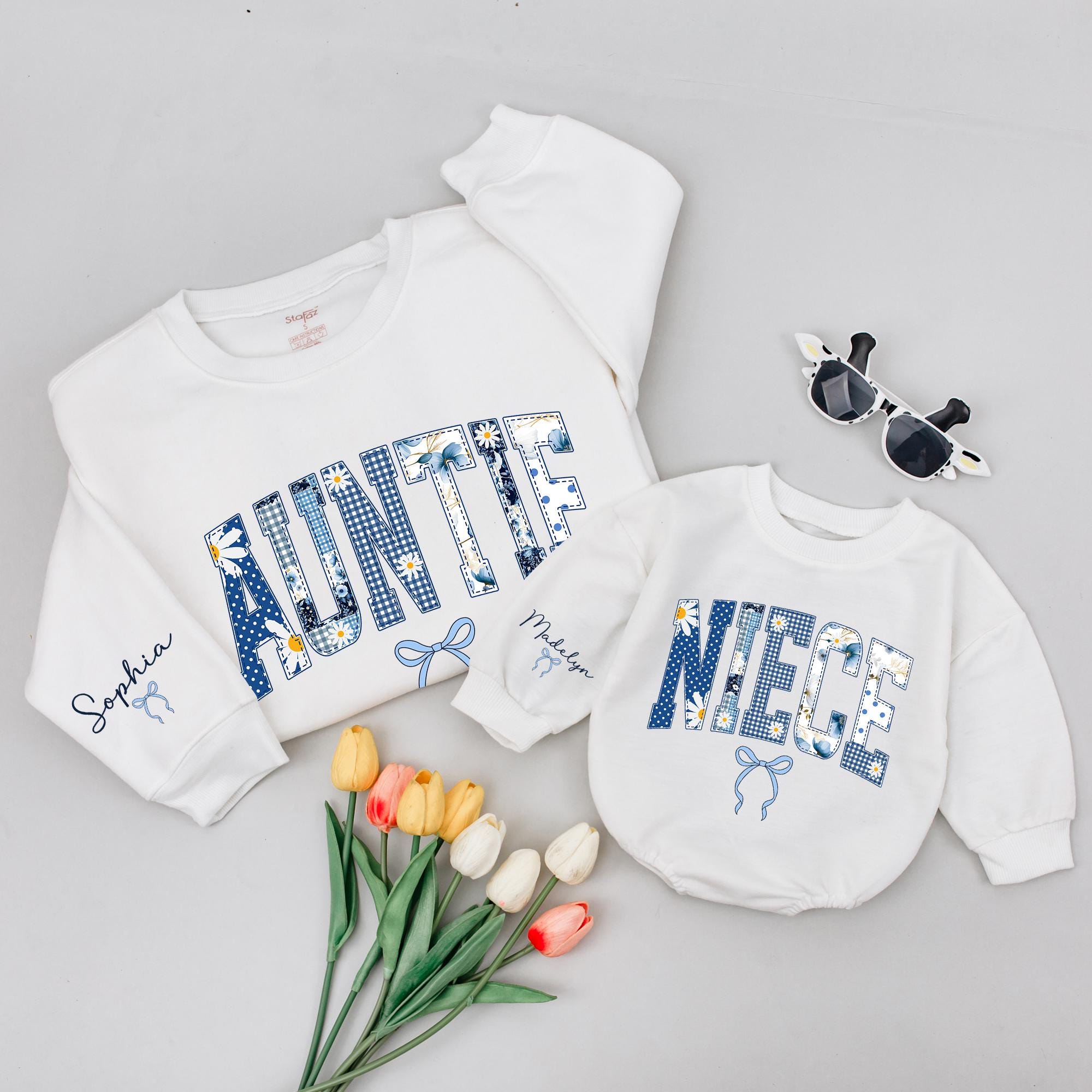 Personalized Auntie and Niece Matching Outfits Cottagecore Style, Custom Name Sweatshirt for Aunt, Baby Girl Bubble Romper Gift