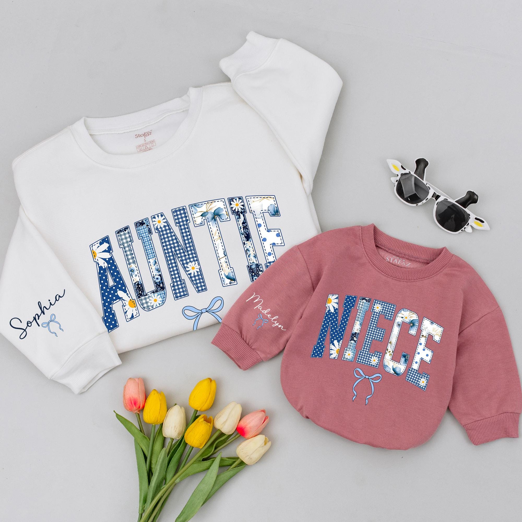 Personalized Auntie and Niece Matching Outfits Cottagecore Style, Custom Name Sweatshirt for Aunt, Baby Girl Bubble Romper Gift