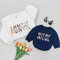 Personalized Auntie and Niece Matching Shirts with Custom Names Modern Blocky Font Trendy Family Outfit New Aunt Gift for Baby or Toddler