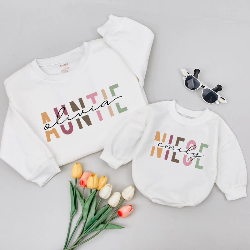 Personalized Auntie and Niece Matching Shirts with Custom Names Modern Blocky Font Trendy Family Outfit New Aunt Gift for Baby or Toddler