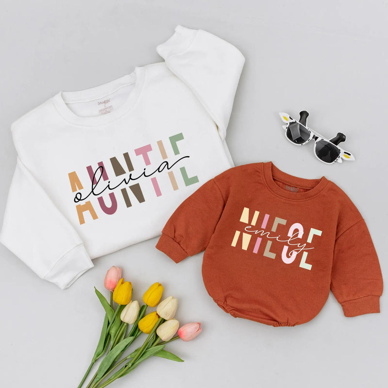 Personalized Auntie and Niece Matching Shirts with Custom Names Modern Blocky Font Trendy Family Outfit New Aunt Gift for Baby or Toddler