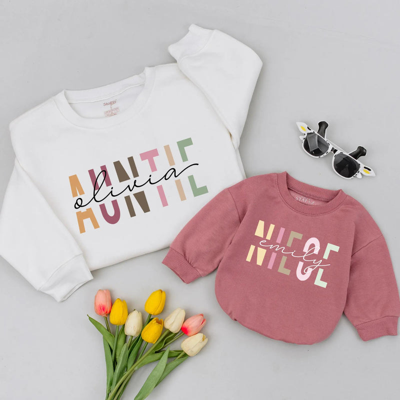 Personalized Auntie and Niece Matching Shirts with Custom Names Modern Blocky Font Trendy Family Outfit New Aunt Gift for Baby or Toddler