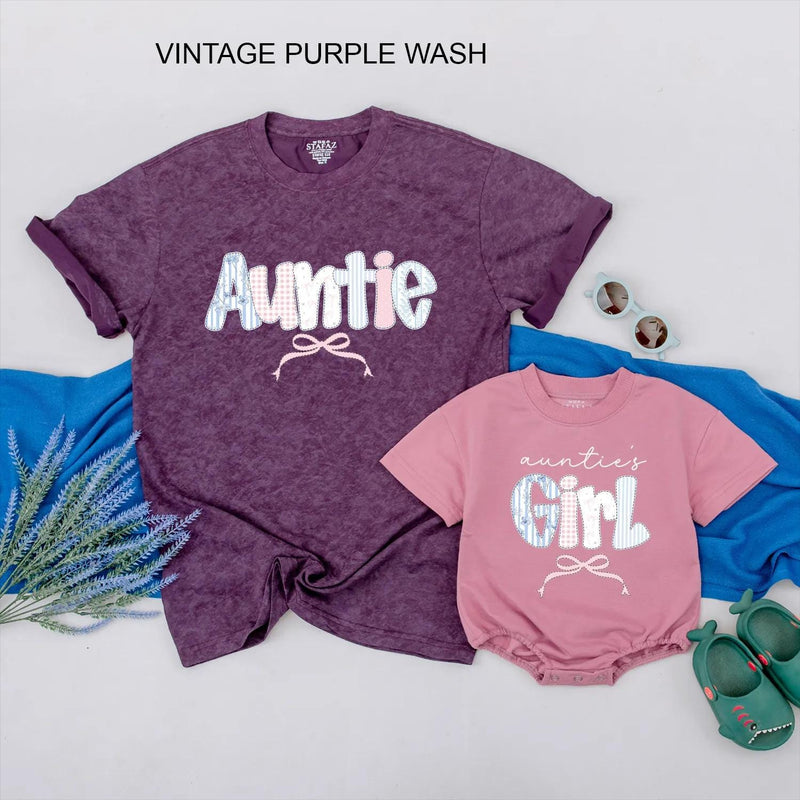 Personalized Auntie and Niece Matching Shirts Light Blue Pink Gingham Bow Design Sweet Custom Gift for Auntie's Girl or Baby Shower