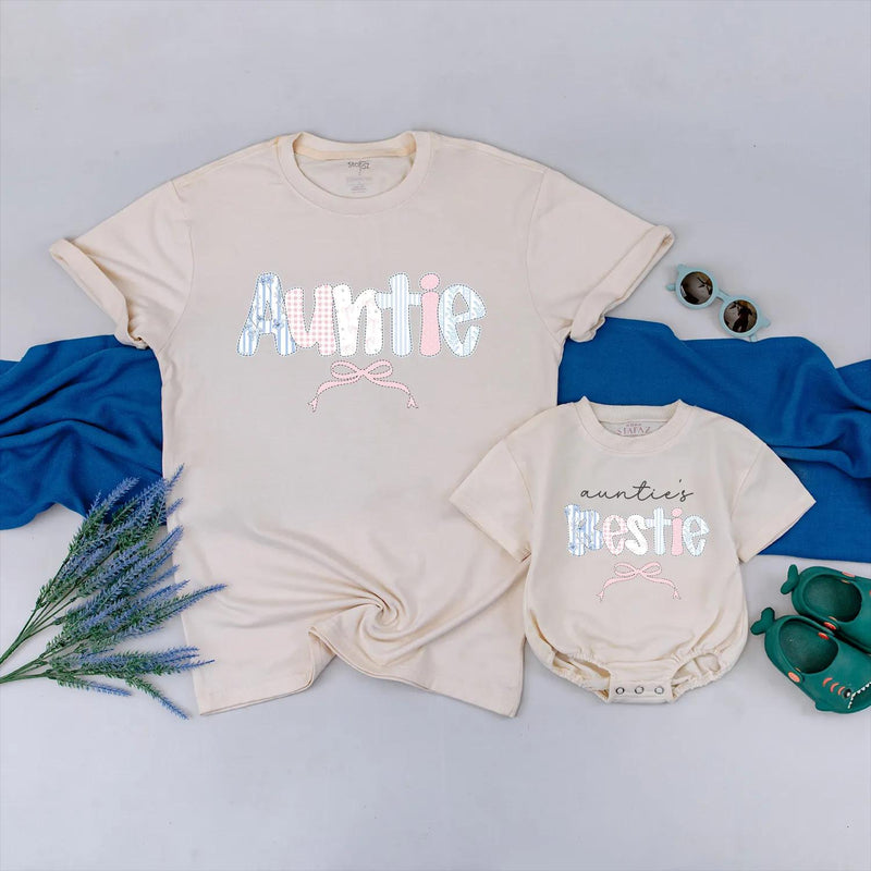 Personalized Auntie and Niece Matching Shirts Light Blue Pink Gingham Bow Design Sweet Custom Gift for Auntie's Girl or Baby Shower