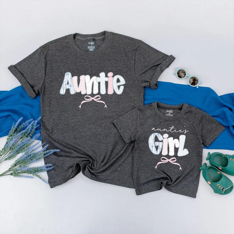 Personalized Auntie and Niece Matching Shirts Light Blue Pink Gingham Bow Design Sweet Custom Gift for Auntie's Girl or Baby Shower