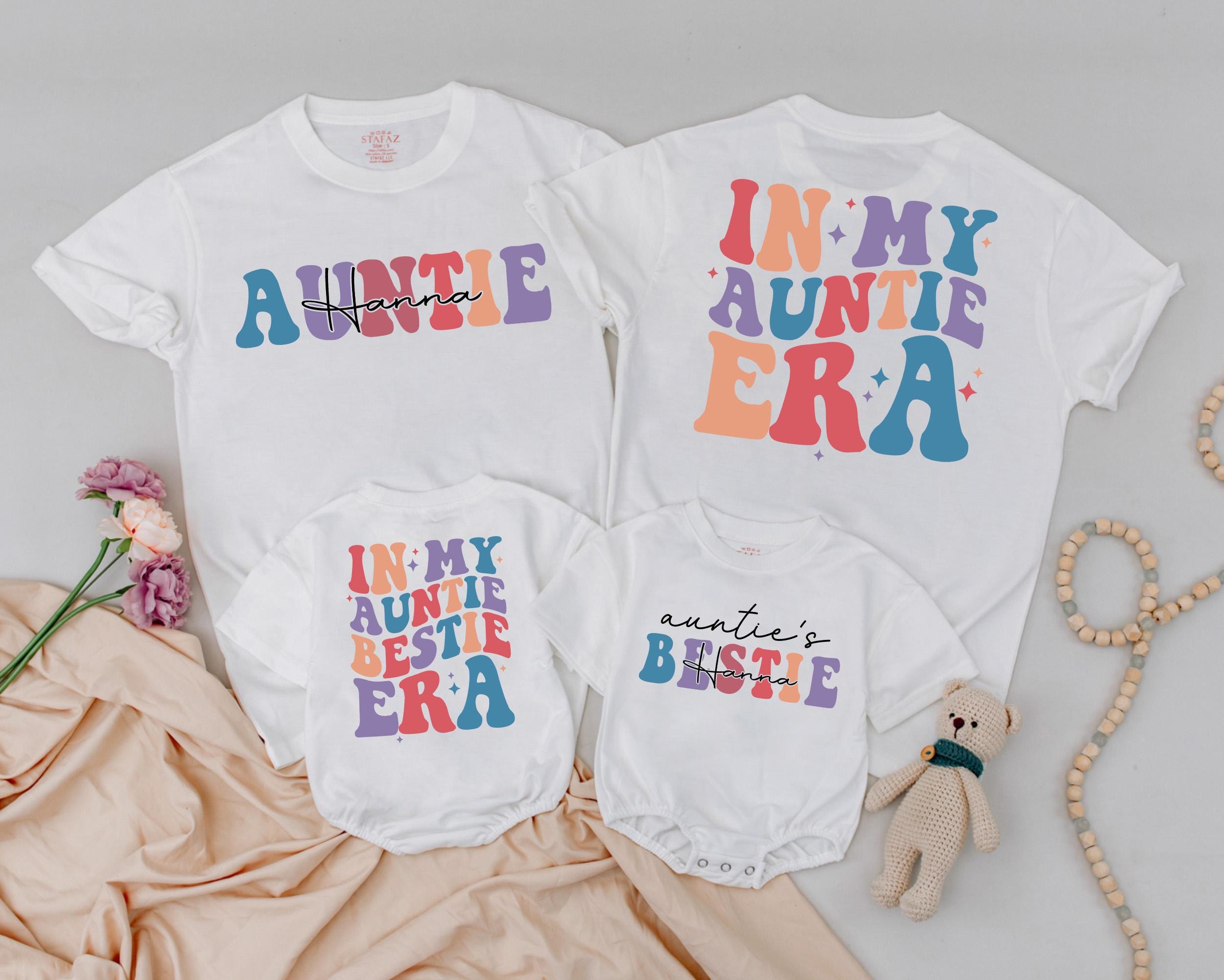 Personalized Auntie and Niece Matching Shirts Vibrant Colors Retro Style Custom Gift for Birthday Fun Auntie Era Outfit Baby Shirt