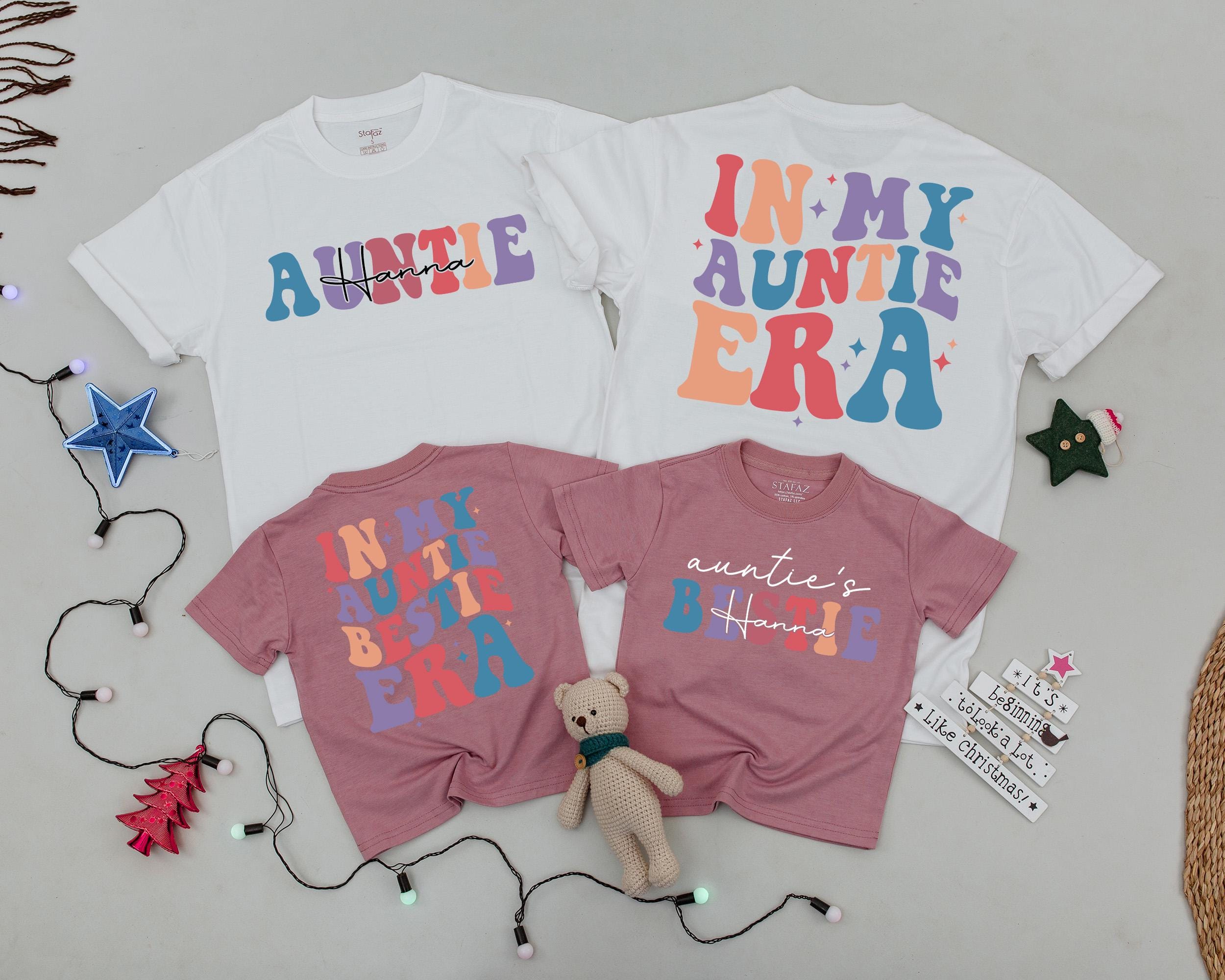 Personalized Auntie and Niece Matching Shirts Vibrant Colors Retro Style Custom Gift for Birthday Fun Auntie Era Outfit Baby Shirt