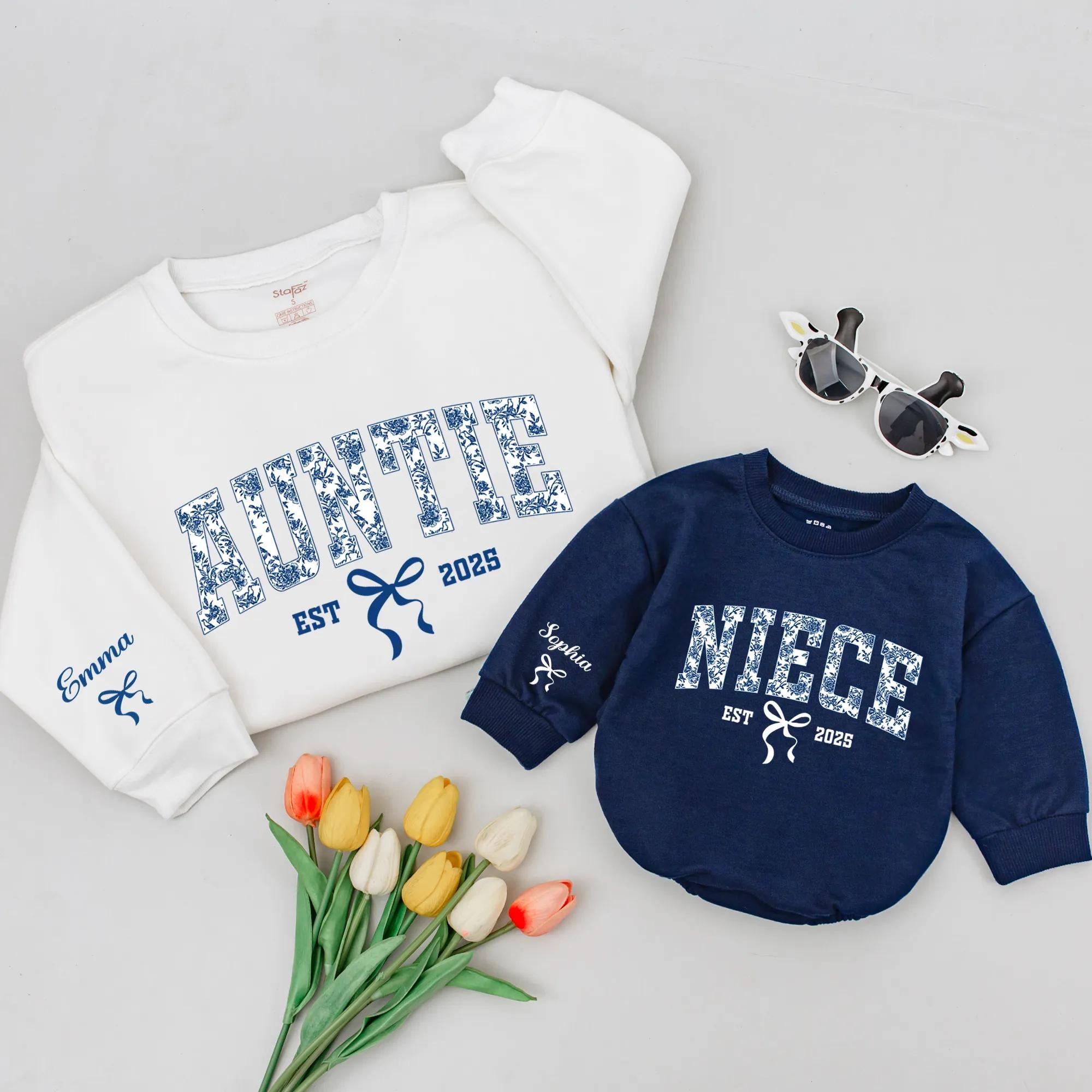Personalized Auntie and Niece Matching Sweatshirts with Chinoiserie Floral Bow Design Custom Names Gift for New Aunt Baby or Toddler Girl