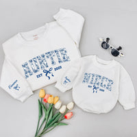 Personalized Auntie and Niece Matching Sweatshirts with Chinoiserie Floral Bow Design Custom Names Gift for New Aunt Baby or Toddler Girl