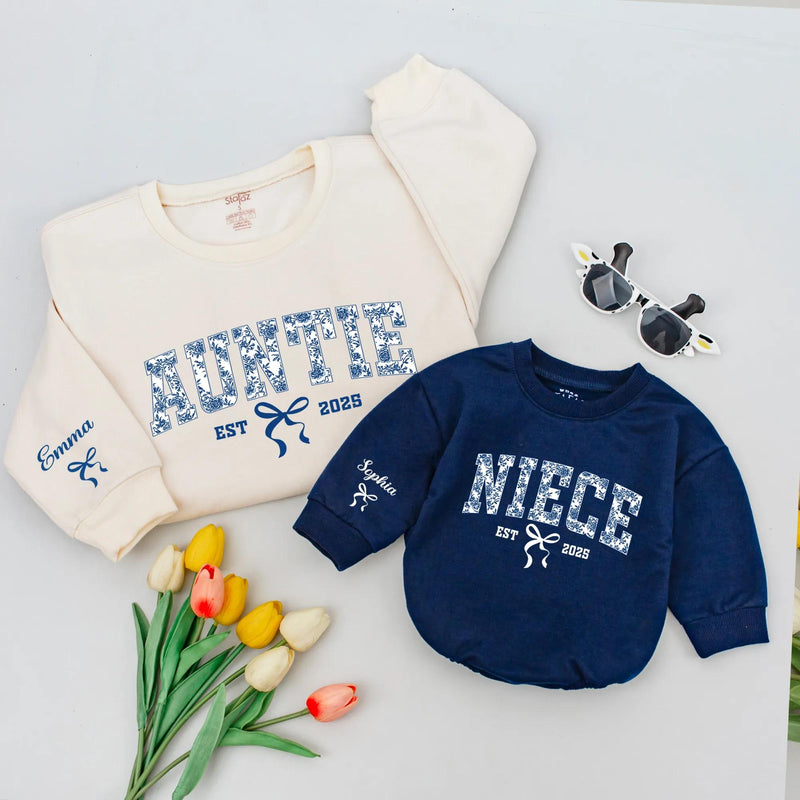 Personalized Auntie and Niece Matching Sweatshirts with Chinoiserie Floral Bow Design Custom Names Gift for New Aunt Baby or Toddler Girl