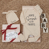 Personalized Auntie Sarah Baby Bodysuit with Matching Hat Custom Newborn Outfit Soft Cotton Gift for Baby Shower Birthday Keepsake