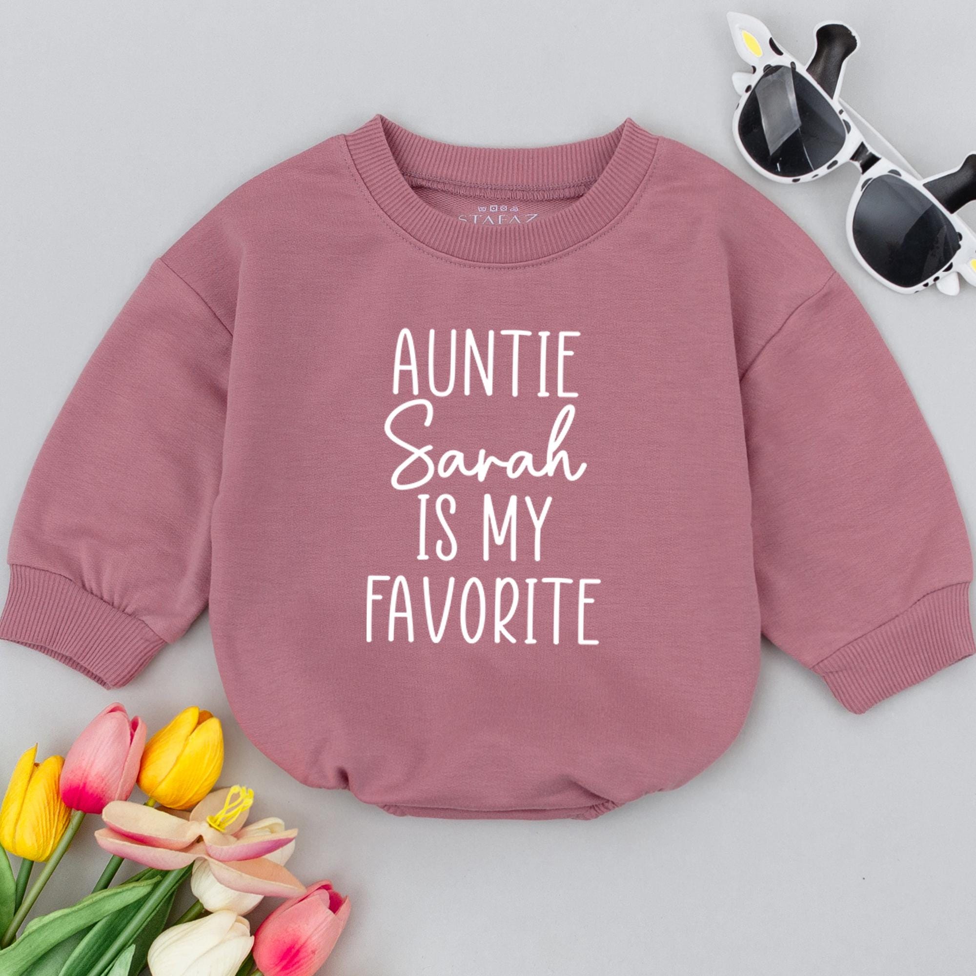 Personalized Auntie Sarah Is My Favorite Baby Romper Custom Baby Reveal Outfit Soft Cotton Infant Gift Comfortable Bodysuit Clothes