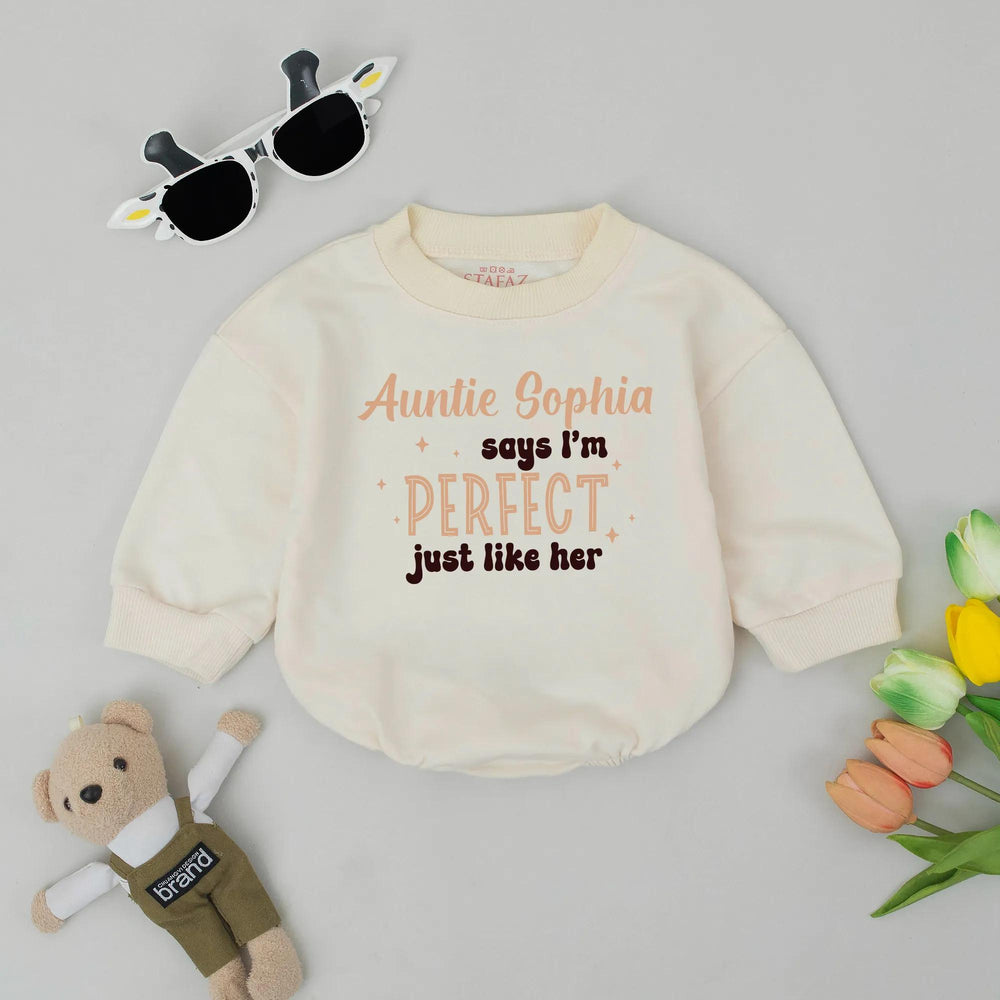 Personalized Auntie Sophia Says I'm Perfect Baby Romper Custom Baby Gift Soft Peach Brown Design Infant Bodysuit Cute Baby Shower Outfit