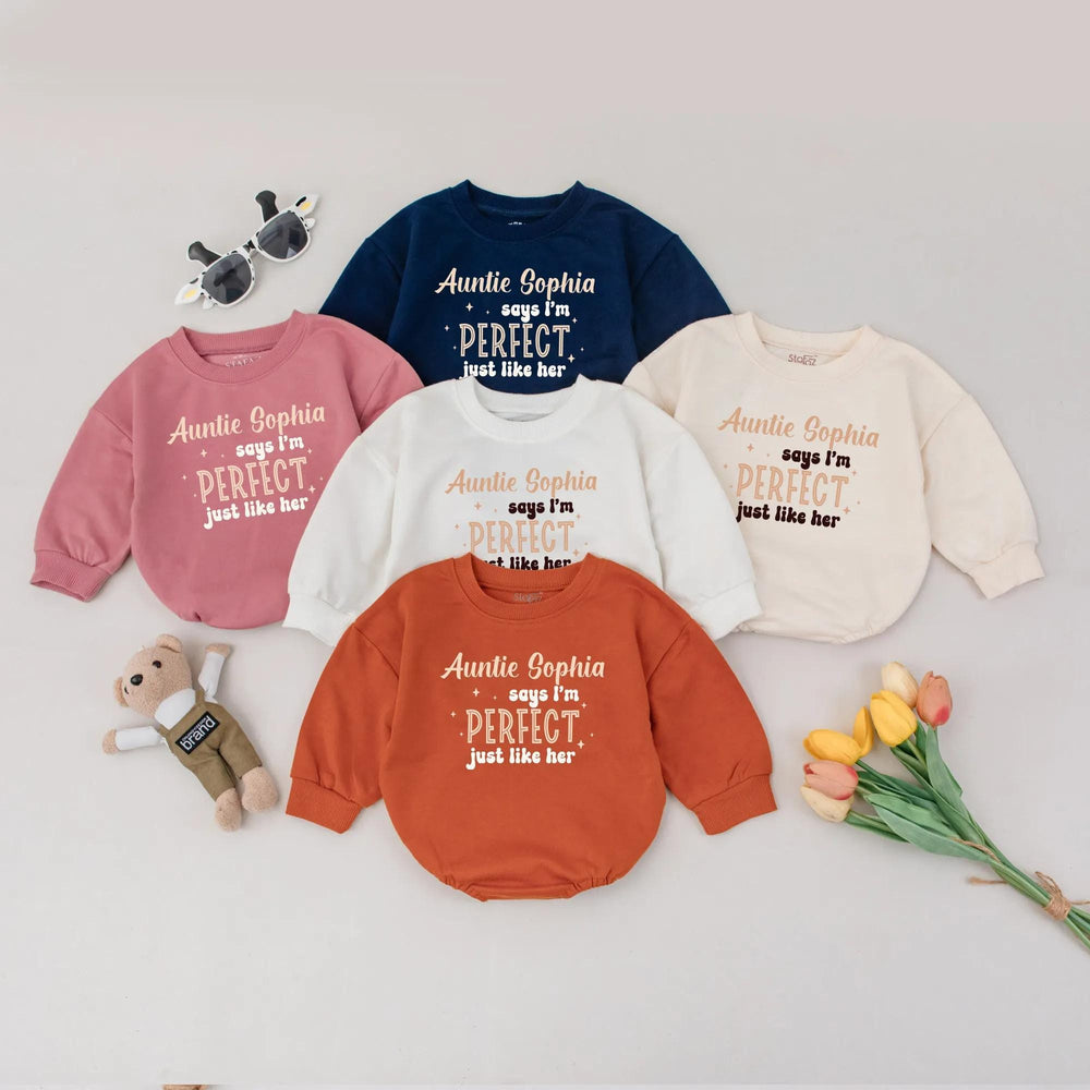 Personalized Auntie Sophia Says I'm Perfect Baby Romper Custom Baby Gift Soft Peach Brown Design Infant Bodysuit Cute Baby Shower Outfit