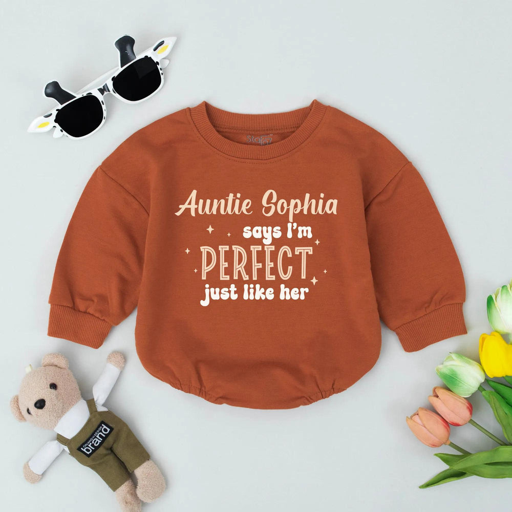 Personalized Auntie Sophia Says I'm Perfect Baby Romper Custom Baby Gift Soft Peach Brown Design Infant Bodysuit Cute Baby Shower Outfit