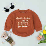 Personalized Auntie Sophia Says I'm Perfect Baby Romper Custom Baby Gift Soft Peach Brown Design Infant Bodysuit Cute Baby Shower Outfit