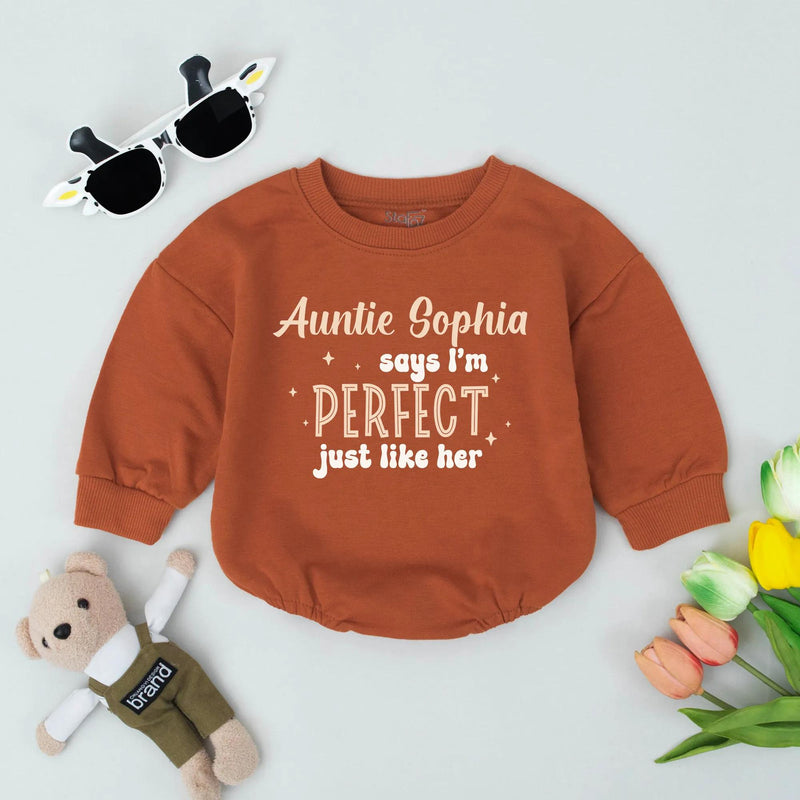 Personalized Auntie Sophia Says I'm Perfect Baby Romper Custom Baby Gift Soft Peach Brown Design Infant Bodysuit Cute Baby Shower Outfit