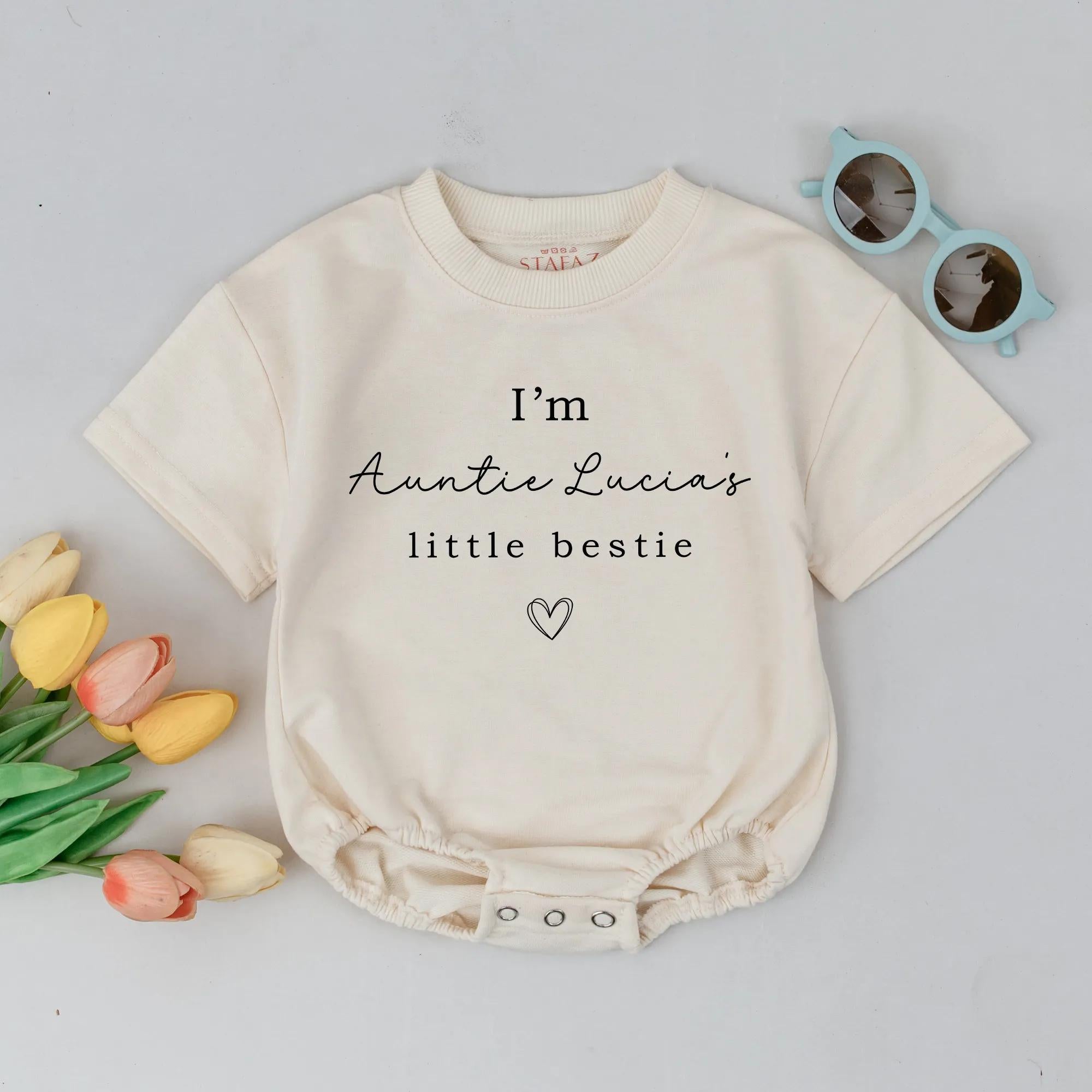 Personalized Auntie's Little Bestie Baby Romper Custom Outfit for Niece or Nephew Soft Cotton Gift for Baby Shower or Pregnancy Announcement