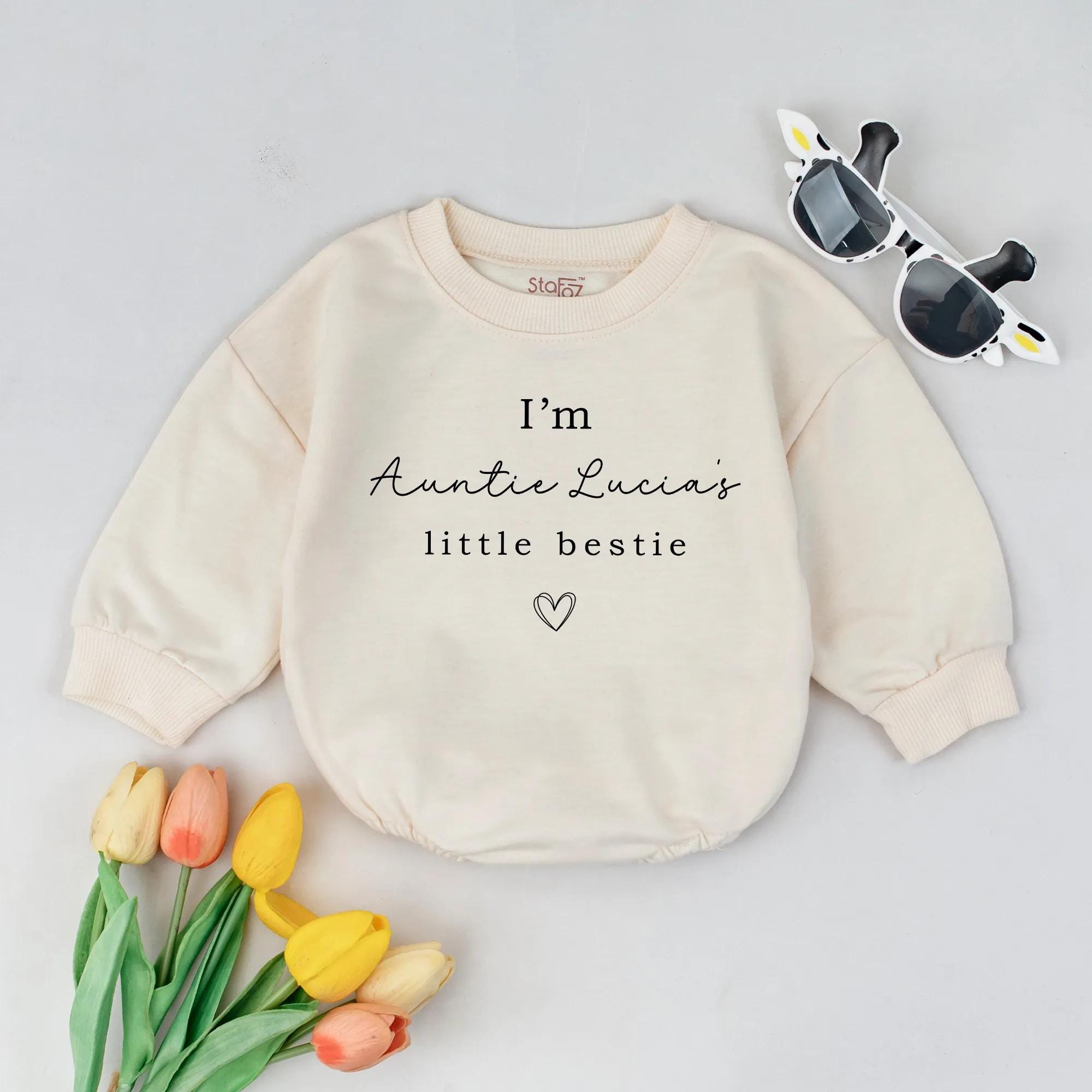Personalized Auntie's Little Bestie Baby Romper Custom Outfit for Niece or Nephew Soft Cotton Gift for Baby Shower or Pregnancy Announcement